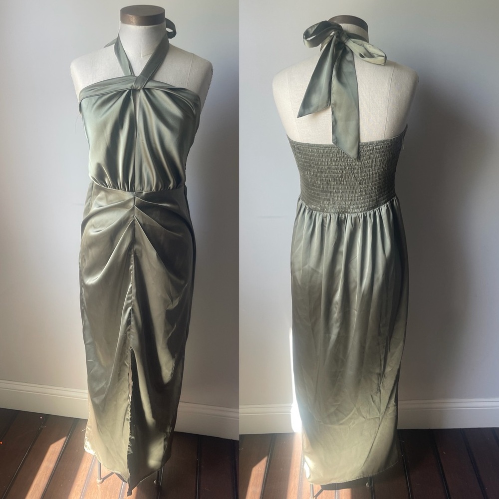 Elegant Olive Green Halter Dress